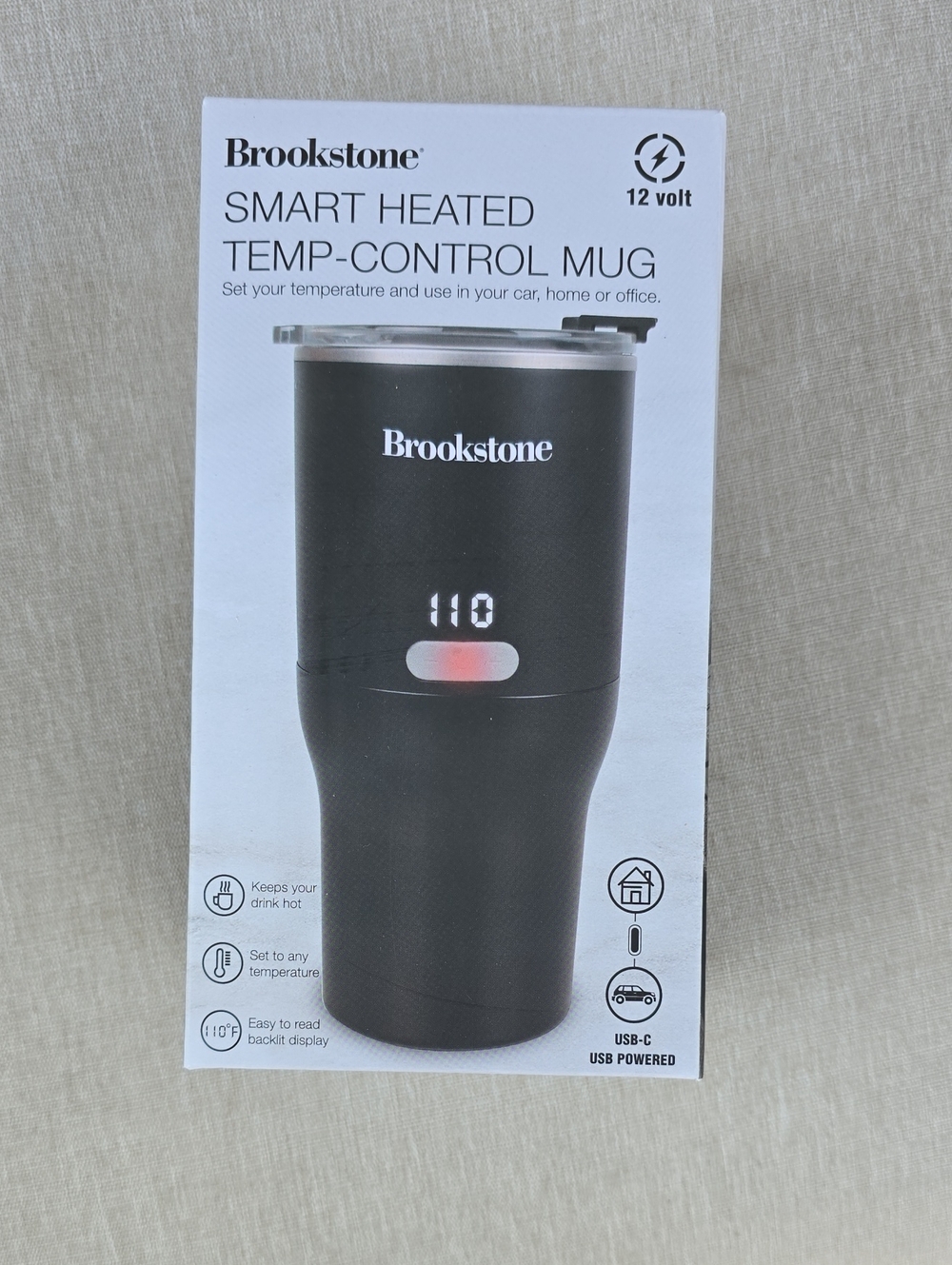 Brookstone Smart Heated Temp-Control Mug - Black with Silver Rim